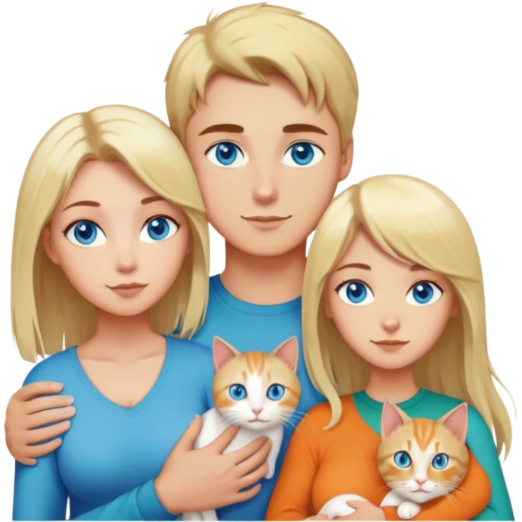 A family with a younger man with blue eyes and short brown hair, a younger woman with blue eyes, mid length blonde hair, and big breasts. And a cat with long hair that is a mix between orange and cream and green eyes emoji