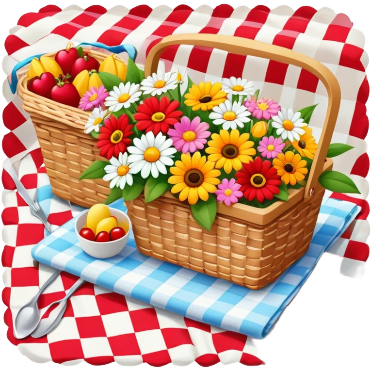 colorful bouquet of flowers on a red and white checkered picnic blanket with small picnic basket nearby emoji