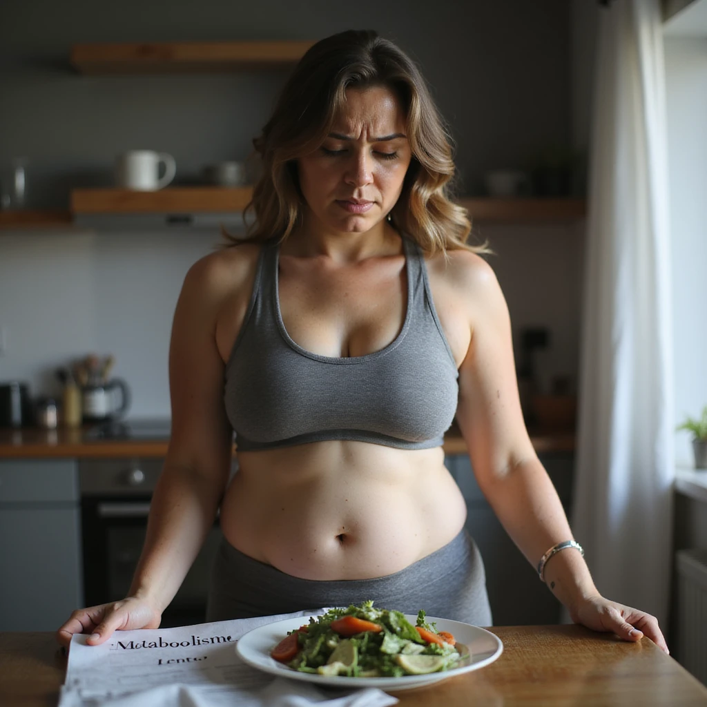hyperrealistic 4K detailed image of a woman with PCOS, body with fat accumulation on abdomen and hips, wearing sportswear, frustrated expression, plate with salad in front, holding a sheet with visible text 'Metabolismo lento', domestic environment emoji