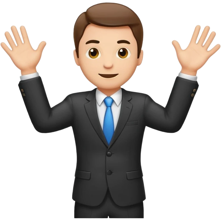 Sticker of a man in a business suit, front view, arms extended forward, friendly expression, clean cartoon style, bold outlines, minimal background, emoji sticker style emoji