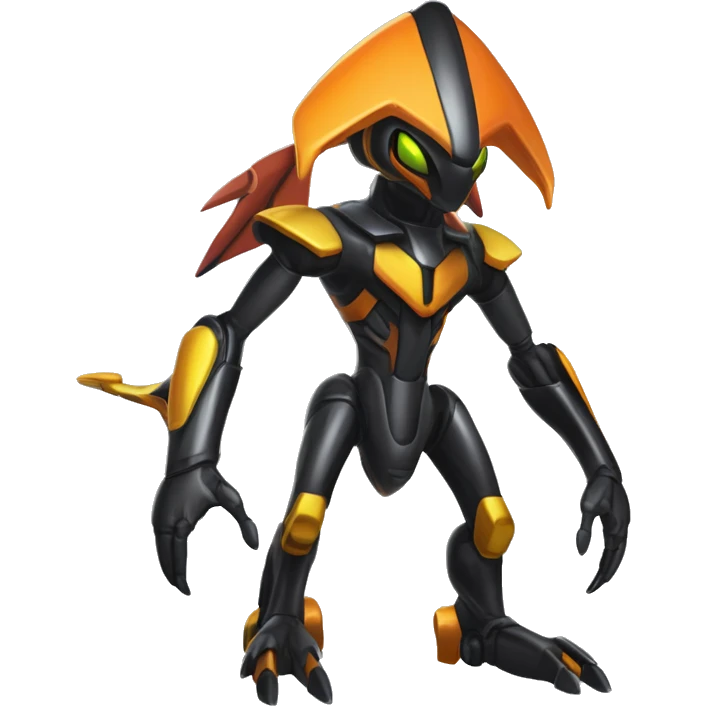a shiny metallic black-orange-yellow Genesect-Flygon-Raptor-Fakémon-Medabot-hybrid with a futuristic visor-helmet full body emoji