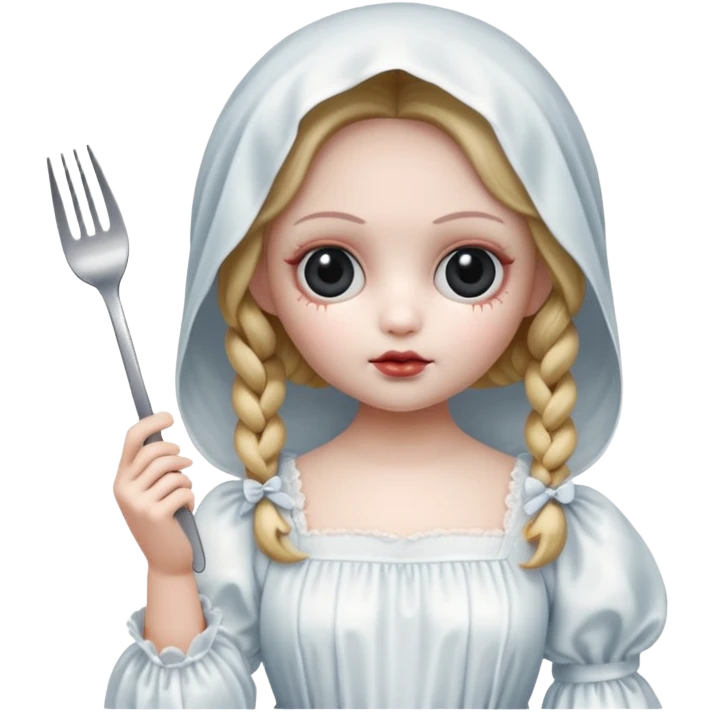creepy doll in white night gown holding a fork  emoji