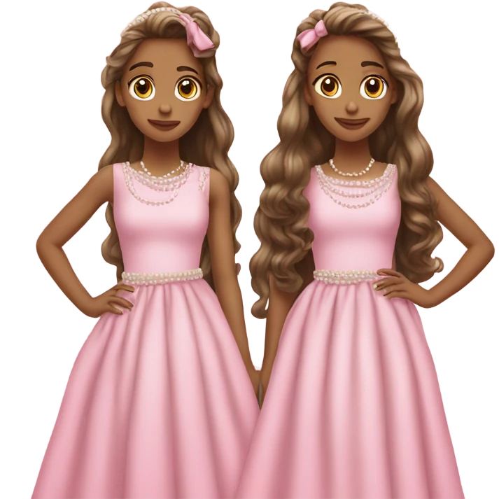 two teenage Latina twins. pink. Long hair. Pink bows. Pearls. Light pink. Diamonds dress. emoji