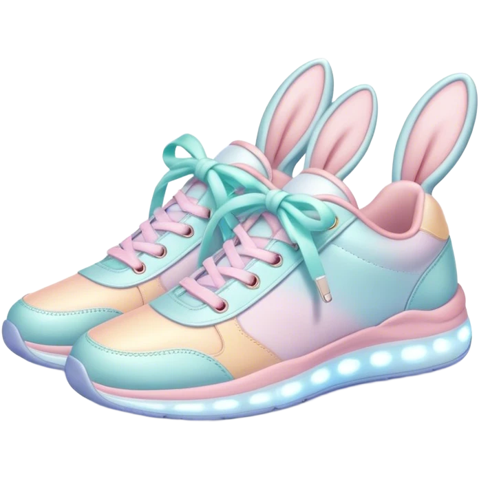 Cute Kawaii Shoe, small and bouncy, soft pastel sneakers with glowing highlights, cute sparkling eyes, a happy cheerful expression, laces tied like bunny ears! emoji