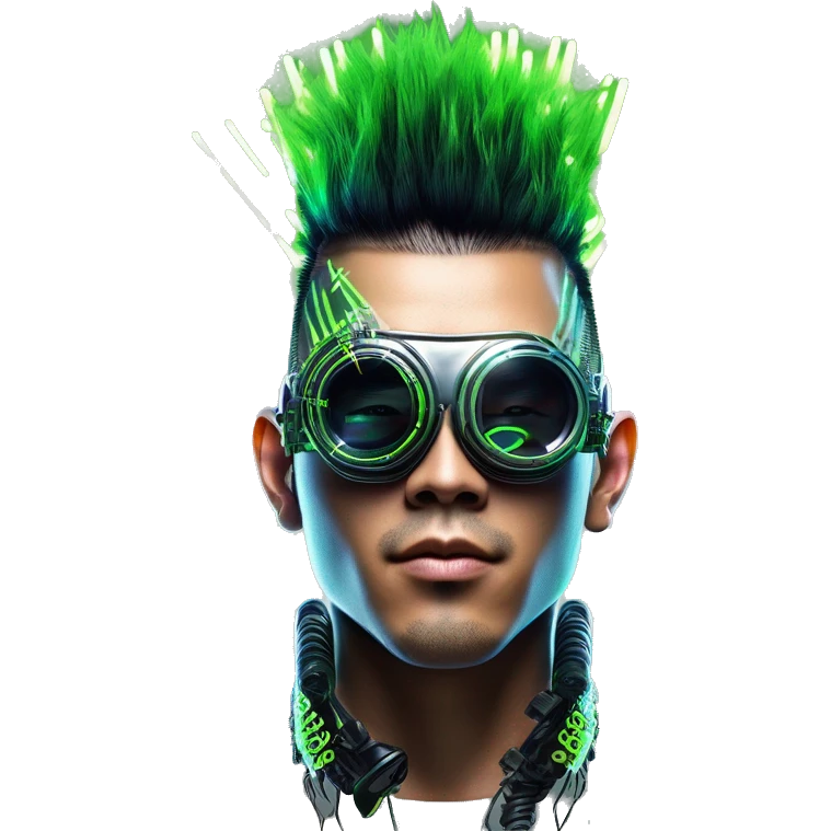 Mohawk hair with neon green highlights Asian male cyborg head with neon silver steampunk goggles and circuits emoji