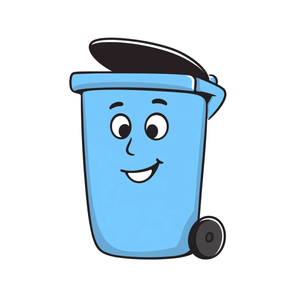 hand-drawn blue bin with a smile, waving emoji