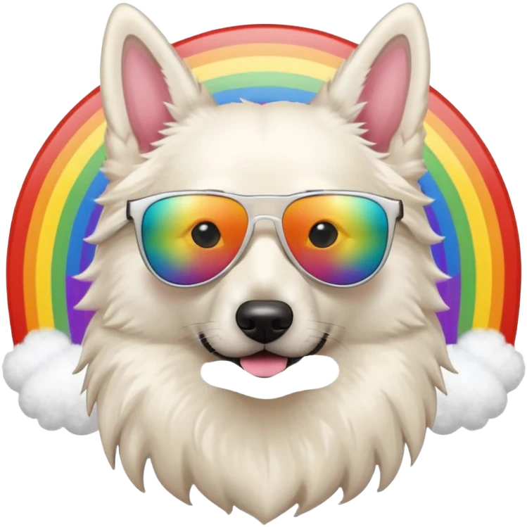 White belgian Shepard with sunglas , on a rainbow emoji