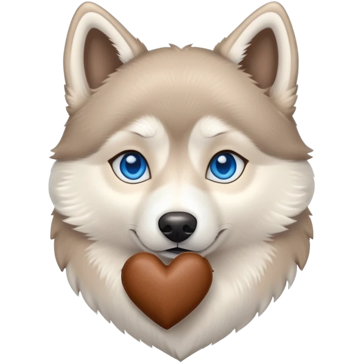 Beige husky with blue eyes holding a brown heart emoji