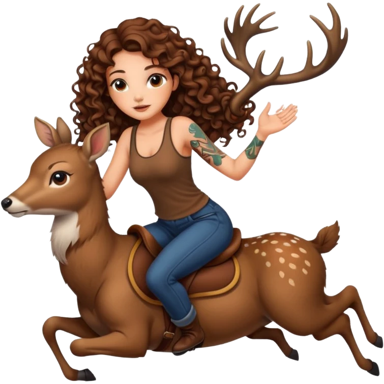 cute woman long curly brown hair tattoos riding calm deer emoji