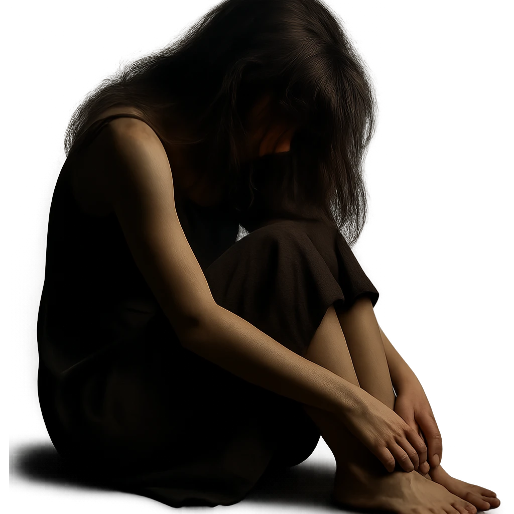 a girl sitting with her back slightly hunched, head lowered, hair spread messily over her shoulders and face, conveying sadness or deep thought, dim lighting, soft shadows, moody atmosphere, minimal or blurred background, simple dress, barefoot, expressive pose showing emotion through body language emoji