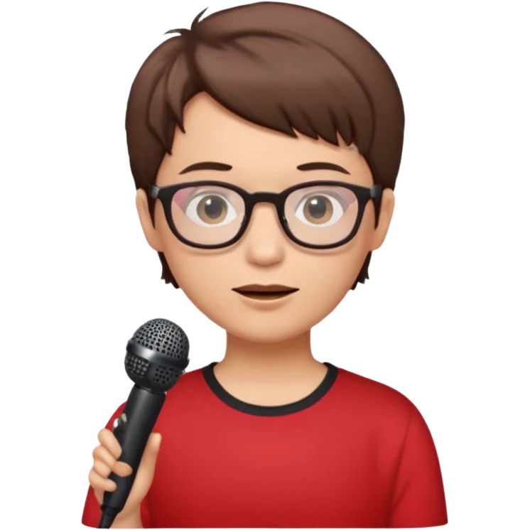 singer, Old, brown short hair, holding mic, red shirt glasses emoji