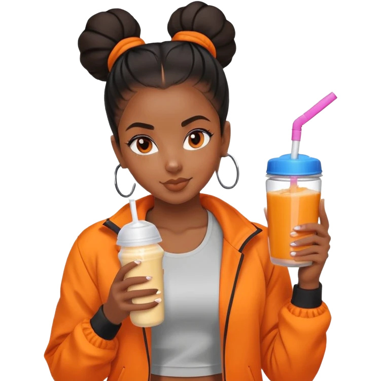 Black girl with orange jacket drinking pre workout shake middle part slick back bun emoji