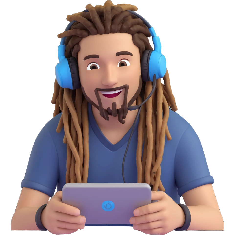 emoji of a guy with dreadlocks, headset, excited, playing video games emoji