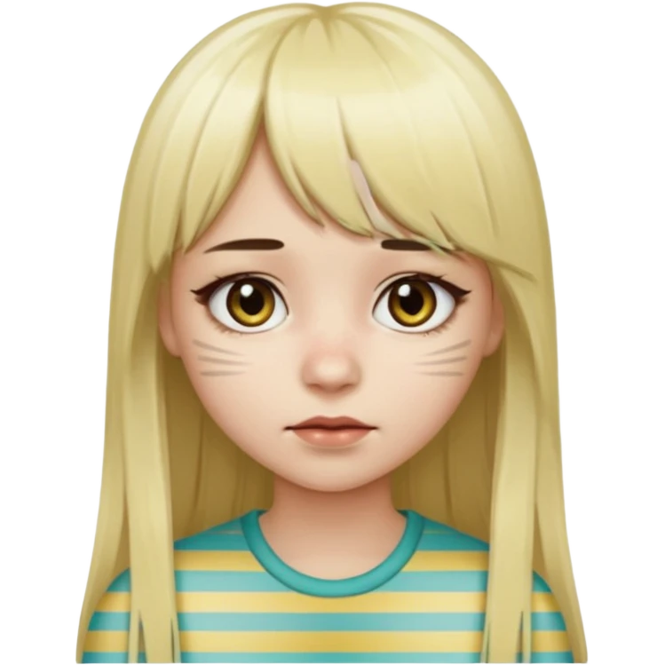 Girl with long straight dark brown hair and blonde striped streaks, with bangs. Light skin and dark eyes. Turn her into a cute zombie version — pale greenish skin, dark eyes, small wounds under eyes, keep her hair and mechas the same, emoji-style. emoji