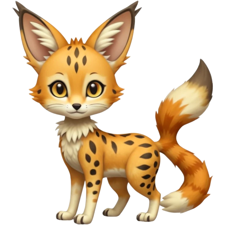 Big-eared big-eyed cute realistic animalistic feral digitigrade 4-legged anime-styled Meloetta-Trico-Vernid-Sergal-Serval-hybrid-fusion-creature-animal, full body emoji