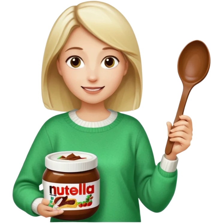 Blond woman with white and green pullover holds in one hand a big carriage of Nutella and in the other hand a oversized spoon which is in the carriage of Nutella emoji