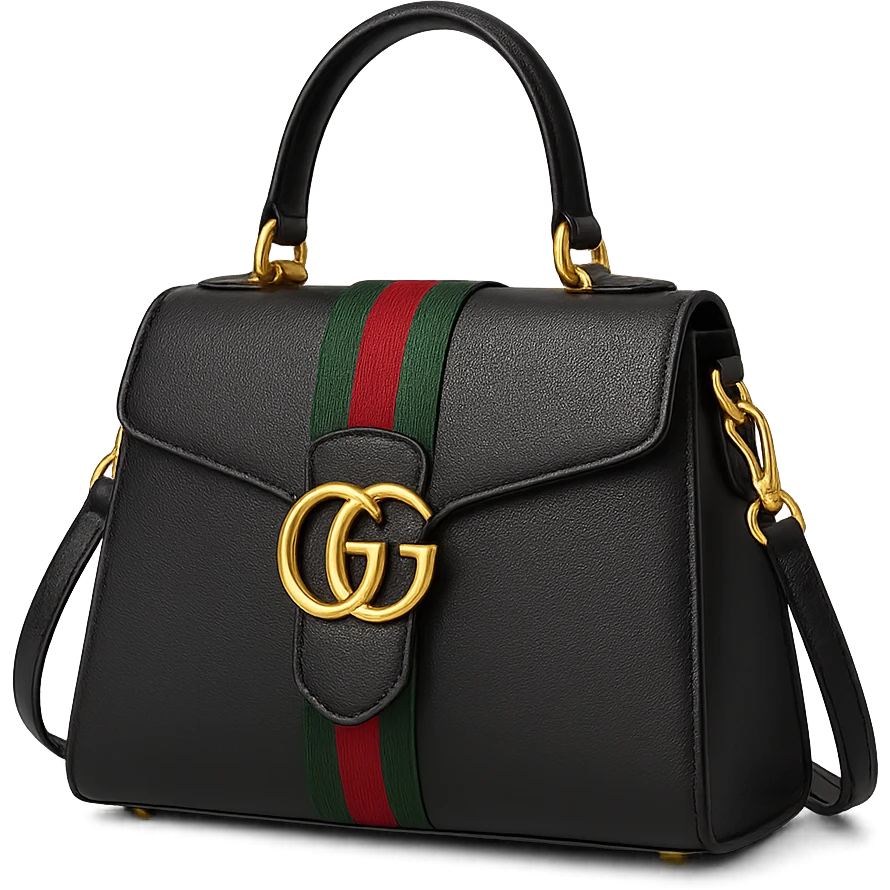 gucci bag, luxury designer handbag, gold accents, green and red stripe, elegant, high fashion, isolated, no background emoji