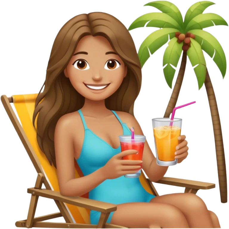 Female smiling with long hair in beach chair with drink  emoji