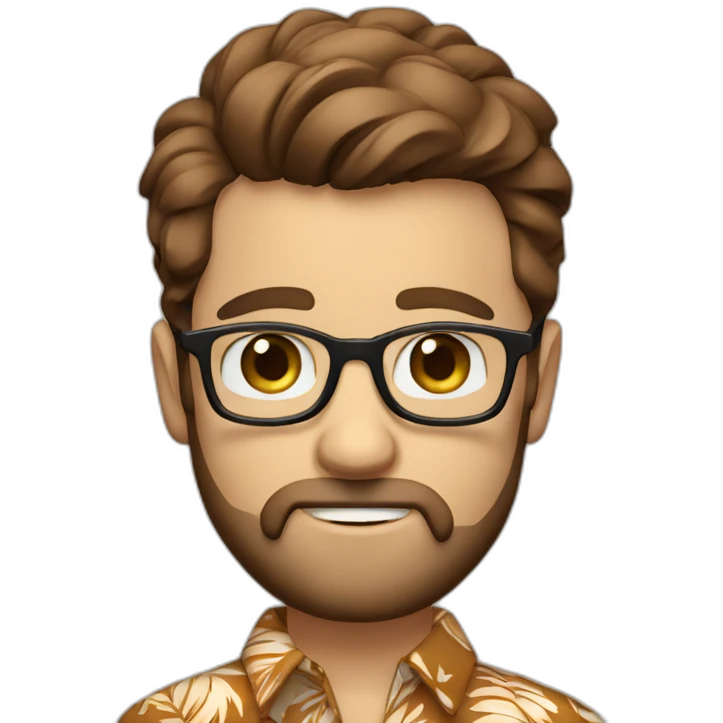 white male, blue eyes, brown hair & beard, glasses, Hawaiian shirt emoji