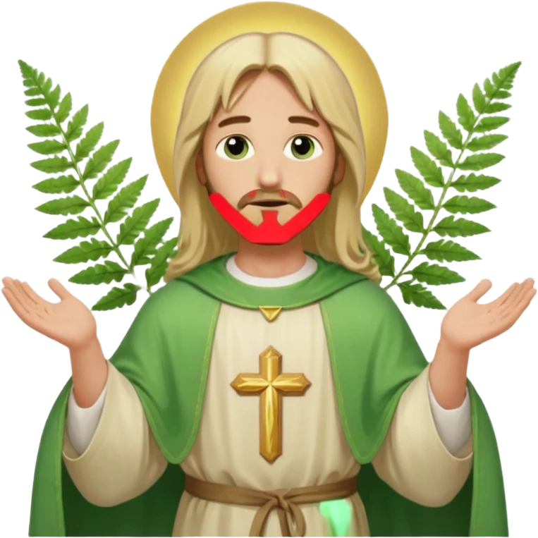 Jesus, green eyes, blonde hair, light green chasuble. opening arms, gazing thoughtfully. Soft light, subtle fern. Waist-up, profile. emoji