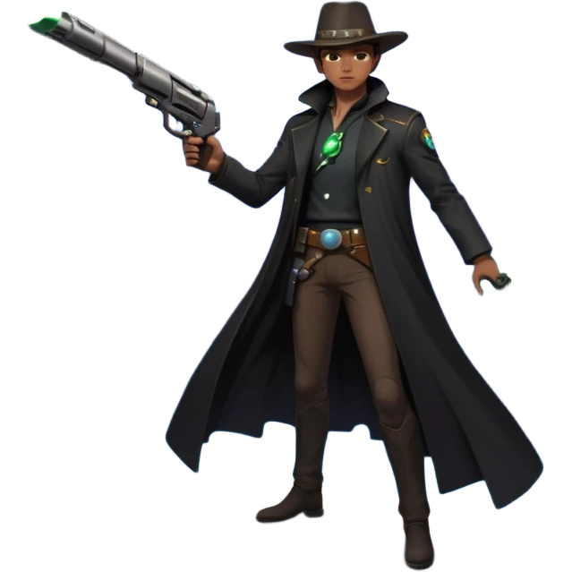 A mysterious alien gunslinger standing on a floating rock in space, cosmic nebula behind him, glowing energy revolver, long flowing coat in zero gravity, epic lighting, ultra detailed space western art
 emoji