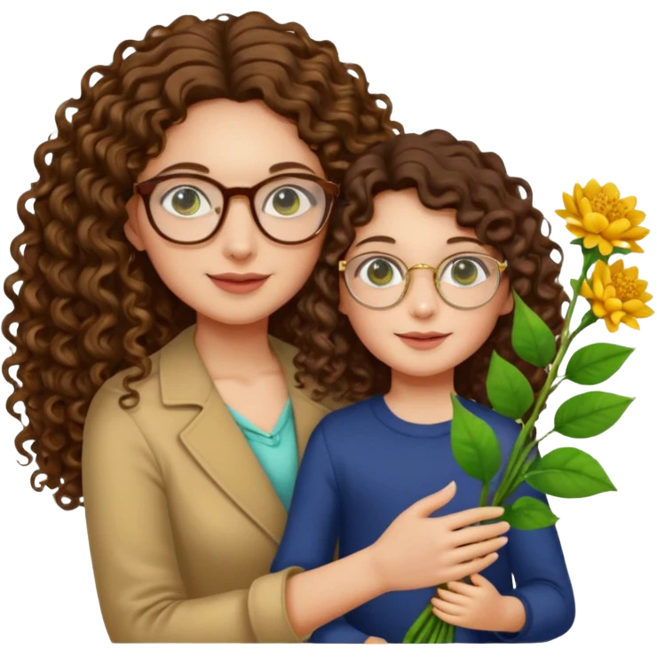 light skinned brunette long curly haired woman with green/hazel eyes framed with fine round gold rimmed glasses holding big bright bunch of flowers with one hand and young kindergarten age daughter's hand (also with long brown curly hair) in other. White background. emoji