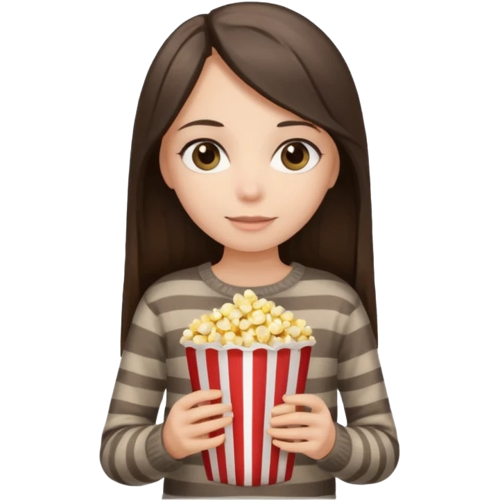 girl with dark brown straight long hair, striped light brown sweater, gray eyes, holding popcorn in her hands emoji