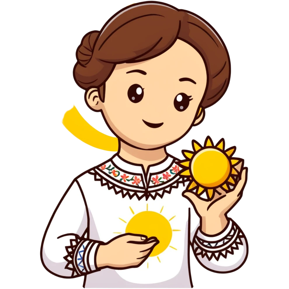 Young Ukrainian girl with brown hair wearing a white traditional embroidered shirt holding the sun in her hand emoji