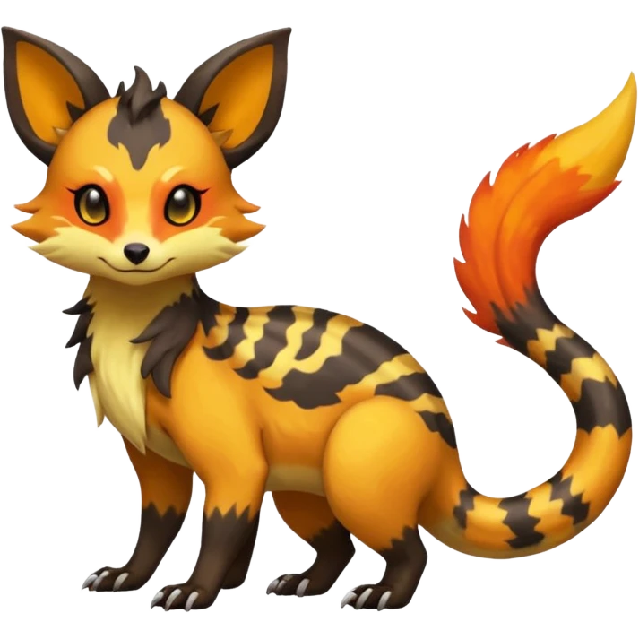 Rare tropical warm-colored exotic cute epic aesthetic colorful Salandit-Eevee-Civet-species-Fakemon-hybrid-creature, with wild fiery markings, full body emoji