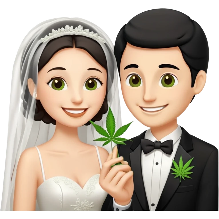 Bride in white dress and groom in tuxedo sharing a cannabis joint, cheerful cartoon wedding couple emoji