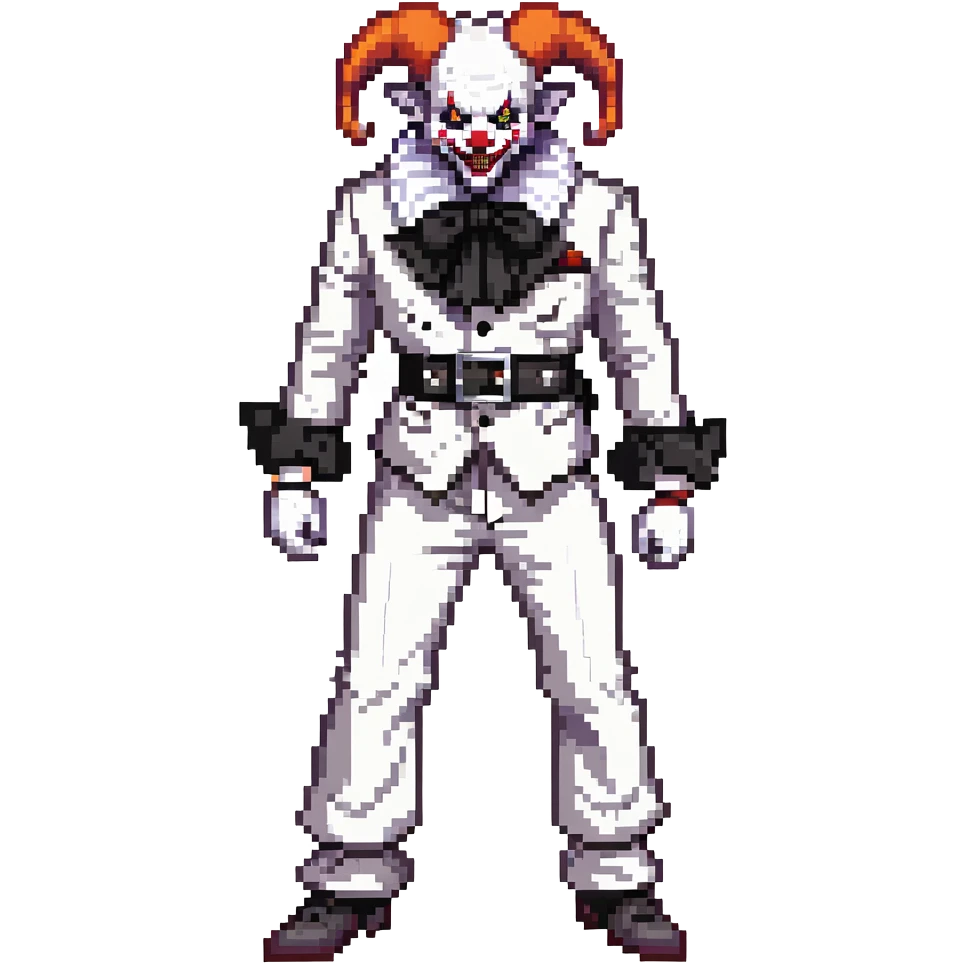 full-body demonic clown in black and white leisure suit with bellbottom pants, bald, black ram horns, flashy black and white belt, ruffled white shirt, no neck tie, large fangs emoji