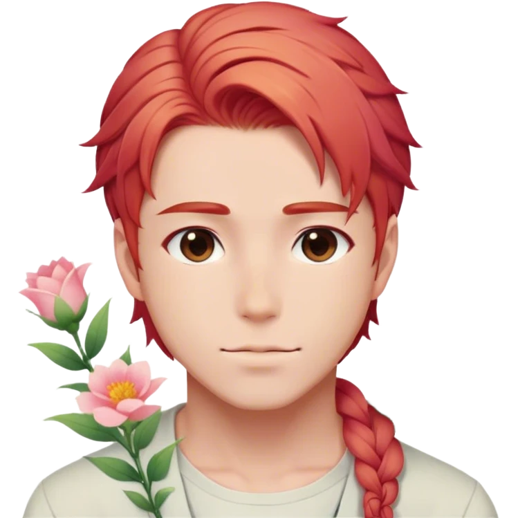 Gorgeous pastel red hair with a thin braid on the side anime style handsome sexy gojo guy with blushing face and flowers aesthetic trending style outside emoji
