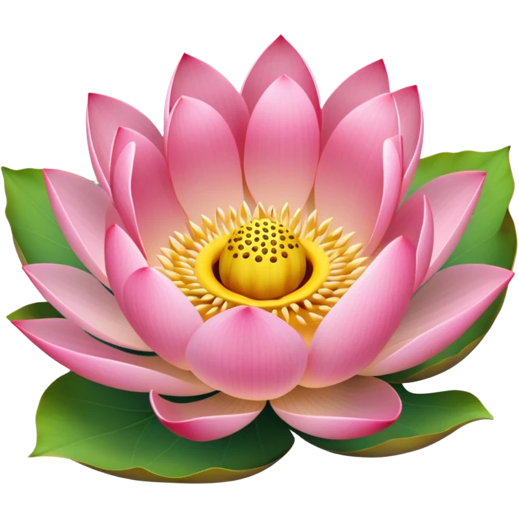 Simple pink lotus flower with accurate yellow seedpod center with distinct holes for seeds, surrounded by pink petals and characteristic notched lotus leaf emoji