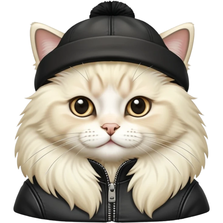 Ragdoll cat wearing a leather jacket and a beanie emoji