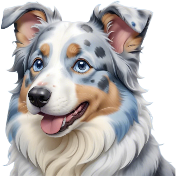 Cinematic Cute Yawning Blue Merle and White Australian Shepherd Portrait Emoji, Head tilted slightly with a dramatic, wide-open yawn, soft blue merle fur with crisp white accents, floppy ears slightly drooping, round blue eyes barely open in drowsy contentment, Simplified yet irresistibly adorable features, highly detailed, glowing with a soft, cozy glow, high shine, relaxed yet expressive, stylized with a touch of whimsy, bright and endearing, soft glowing outline, capturing the essence of a sleepy yet affectionate pup, so drowsy it feels like it could stretch right out of the screen and curl up for a nap! emoji