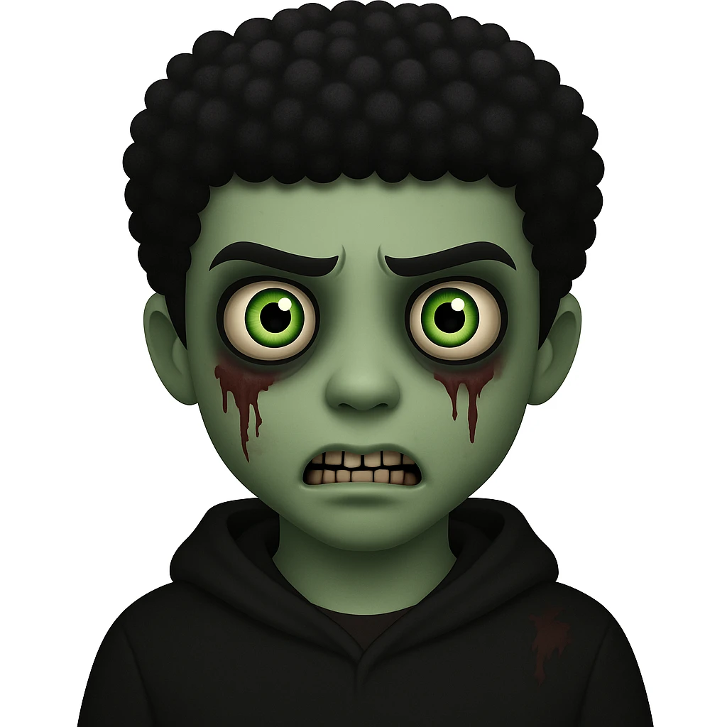 Change the hair to a Black hairstyle with tight curls or afro and add a black hoodie. Keep the boy zombie's green skin, emo vibe, and creepy expression. emoji