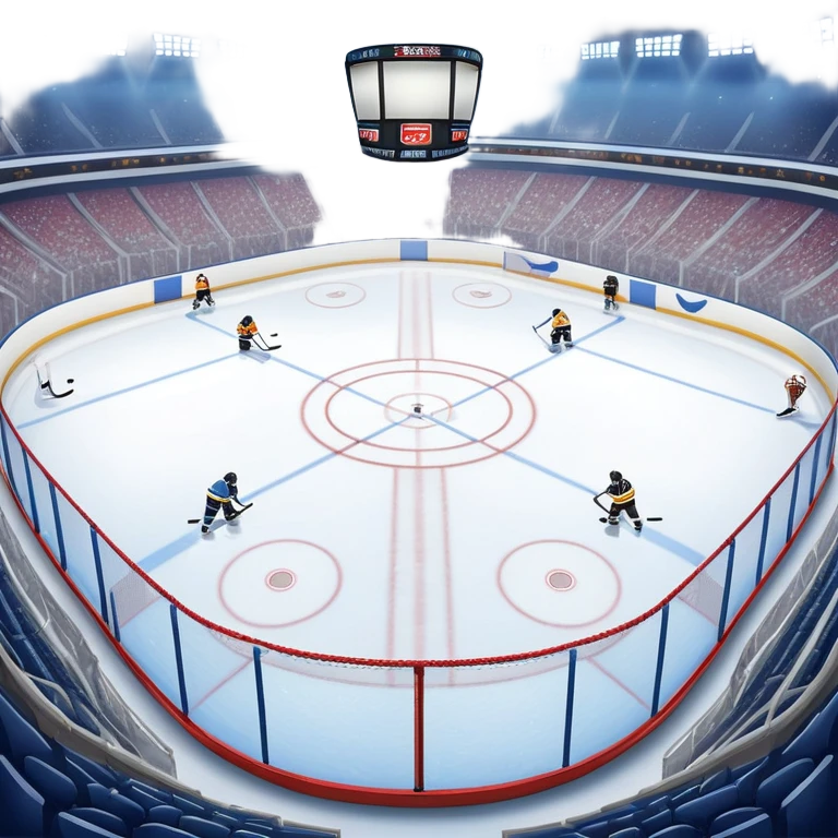 An icon showing a close-up of a hockey stick, puck, skates, and hockey net placed on the ice. The background features a packed stadium with bright lights, cheering fans, and snowy scenery outside. Transparent background highlights the key elements of the game. emoji