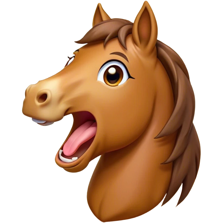 Cinematic Cute Yawning Bay Horse Portrait Emoji, Head tilted slightly with a dramatic, wide-open yawn, revealing a smooth bay fur with a subtle luster, floppy ears slightly drooping, round amber eyes barely open in drowsy contentment, Simplified yet irresistibly adorable features, highly detailed, glowing with a soft, cozy glow, high shine, relaxed yet expressive, stylized with a touch of equine whimsy, bright and endearing, soft glowing outline, capturing the essence of a sleepy yet affectionate horse, so drowsy it feels like it could stretch out of the screen and curl up for a nap! emoji