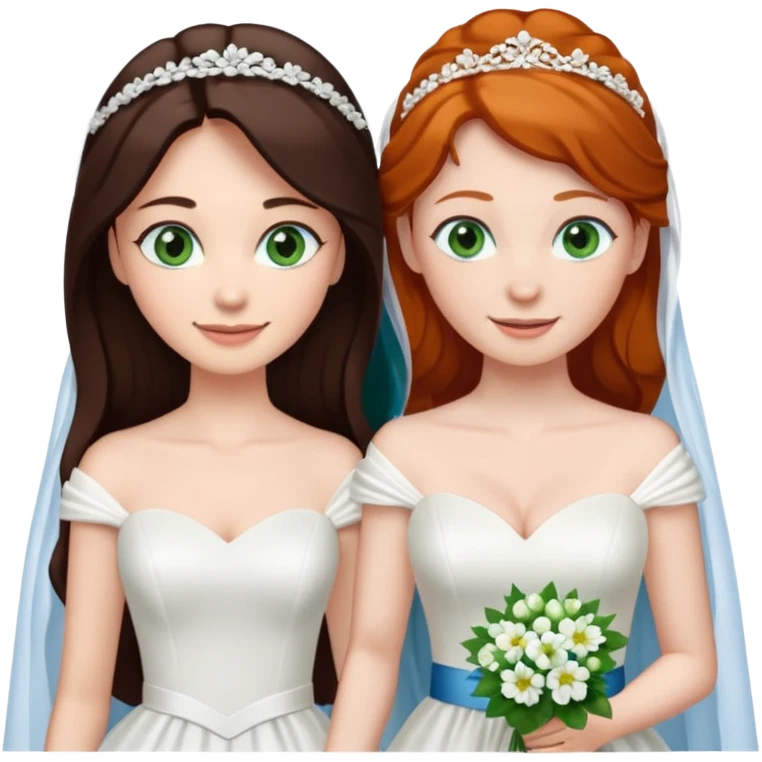 A tall, pale woman with very dark brown hair and green eyes marrying a shorter ginger woman with blue eyes, both in wedding dresses. emoji