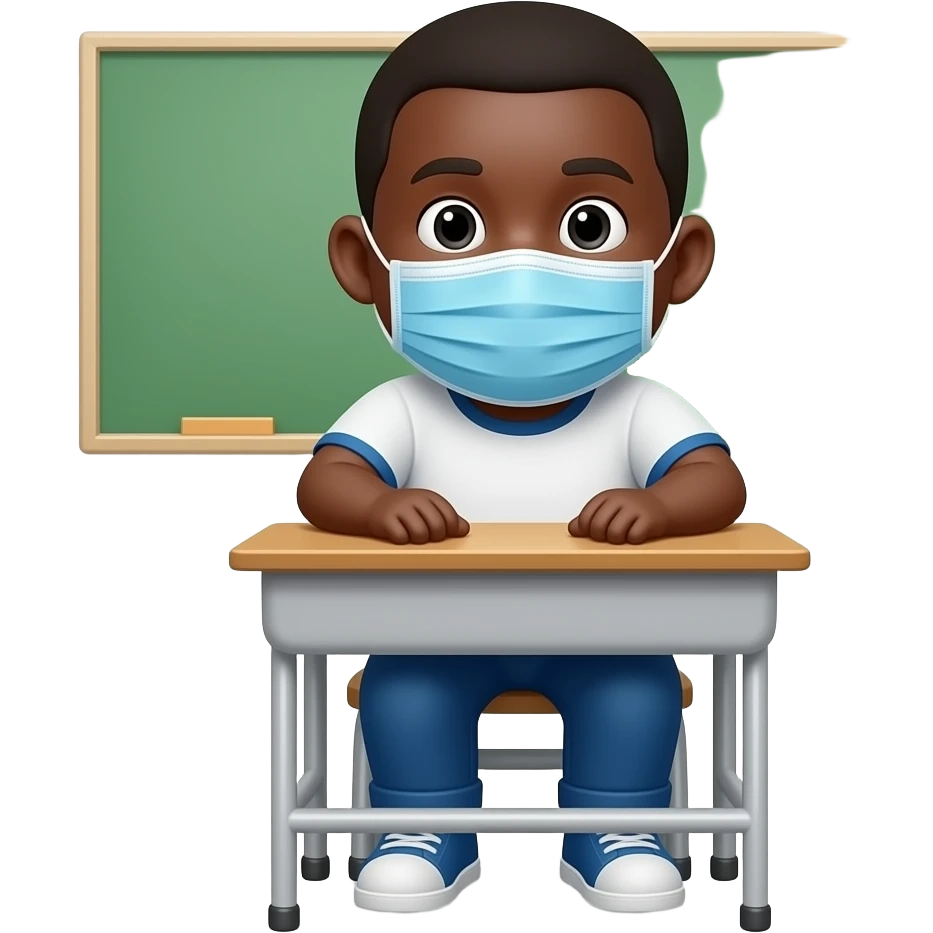 fat black boy  sitting at class desk with blue mask emoji