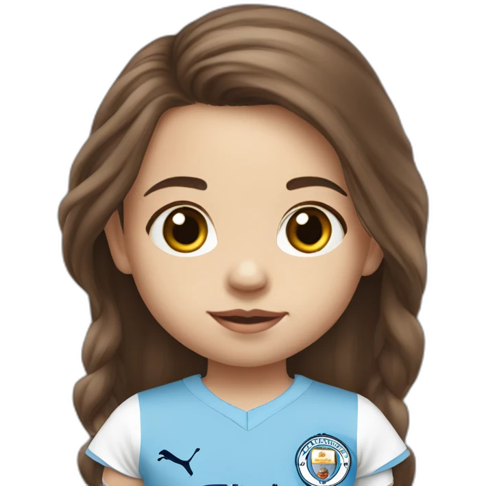 2 year old girl with long brown hair and eyes wearing Manchester City football shirt emoji