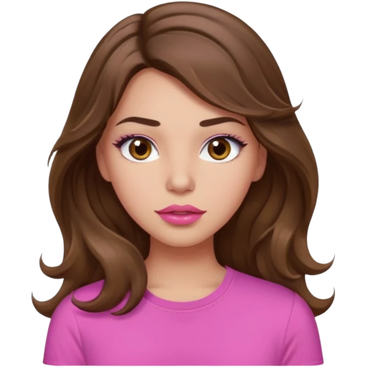 girl with long wavy brown hair, brown eyes, light to medium complexion, in a pink shirt, pink lips, long lashes, puckered lips, hallelujah emoji