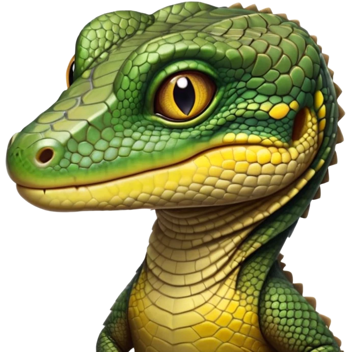 cinematic-realistic-cute-monitor-lizard-portrait-emoji,-head-tilted-playfully-and-inquisitively,-featuring-a-compact,-agile-body-with-finely-detailed,-glossy-scales-in-earthy-olive-hues-and-a-distinct,-alert-face-with-bright,-curious-eyes, black , yellow spotted and green band  scales emoji
