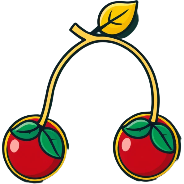 Two cherries with golden stems connected, paired with dark green leaves emoji