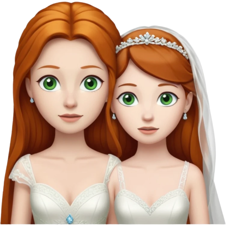 A ginger woman with blue eyes, marrying a taller, pale woman with very dark brown hair and green eyes, both in wedding dresses. emoji