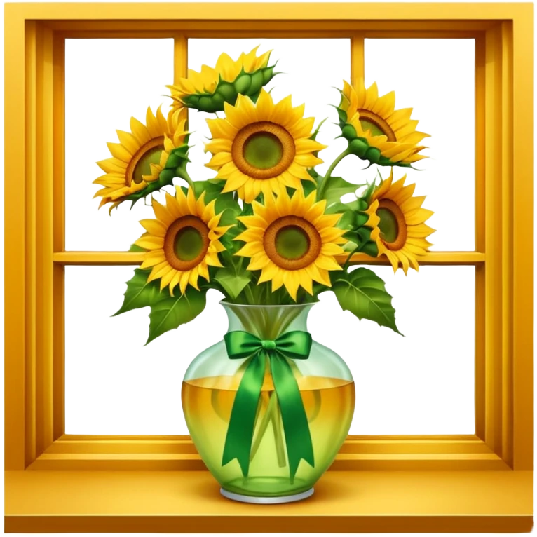 Still life, ultra detailed, realistic, large size window, in front of Beautiful bright large sunflowers in translucent vase, with green satin ribbon emoji