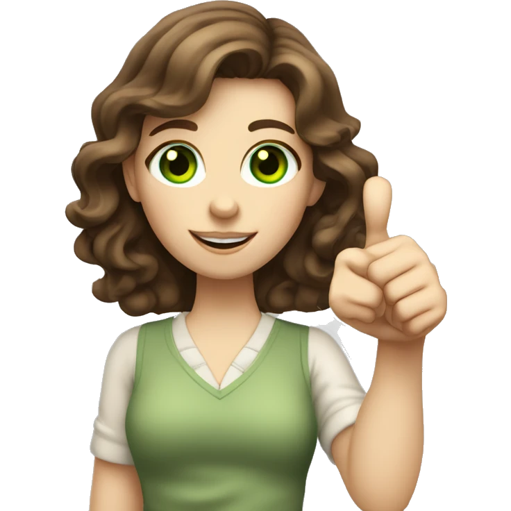 Wavy, brown haired girl with green eyes and pale skin giving a big thumbs up emoji