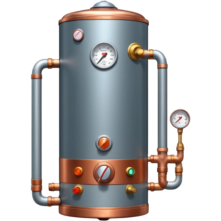 3D Pixar-style water heater unit with copper pipes and control knob, emitting a warm glow, realistic textures but friendly tone, front-facing, isolated on white

 emoji