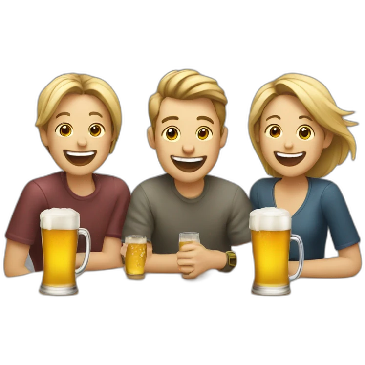 3 people laughing around a table with 3 beers on it . No yellow people emoji