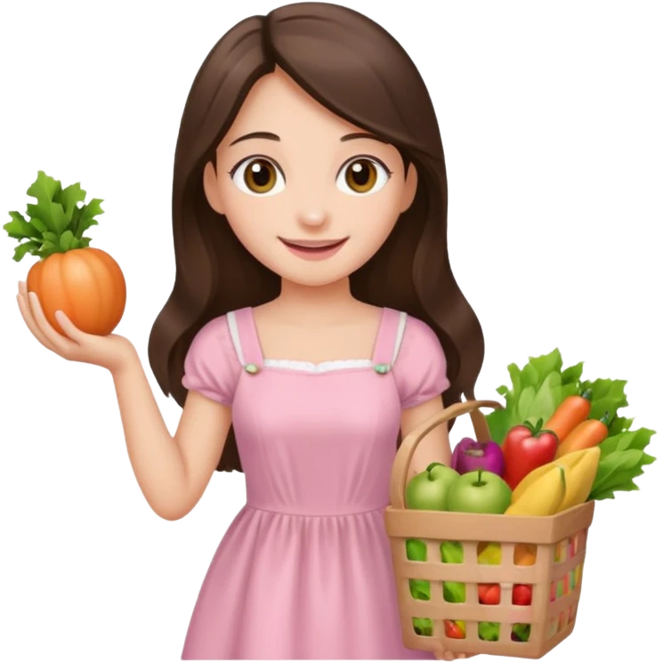 pretty smiling long brunette hair girl hazel eyes wearing light pink dress holding groceries emoji